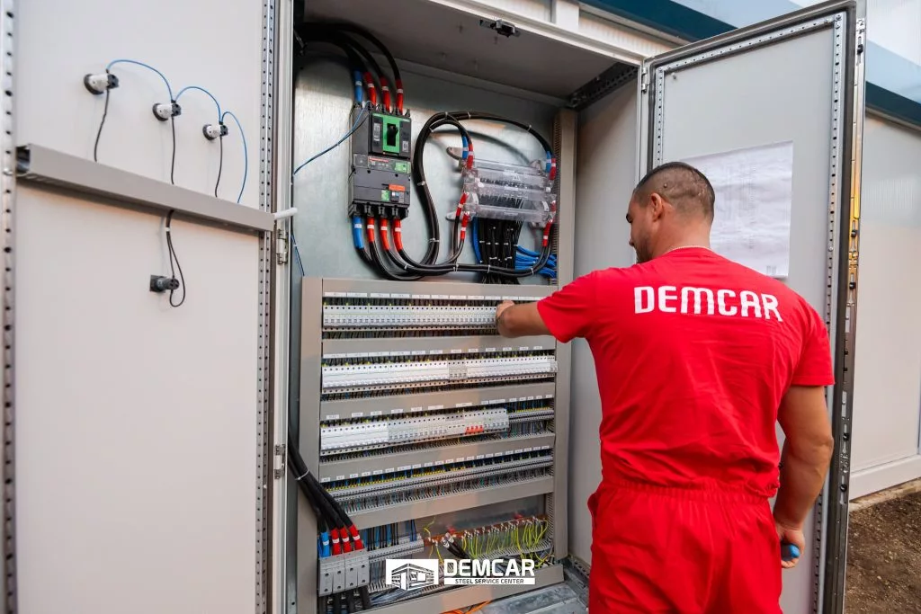 Angajat DEMCAR în uniformă roșie lucrând la un tablou electric deschis cu siguranțe și cabluri