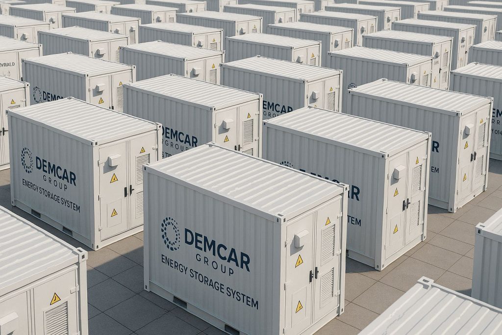 Rânduri de containere albe DEMCAR pentru stocarea energiei în baterii BESS