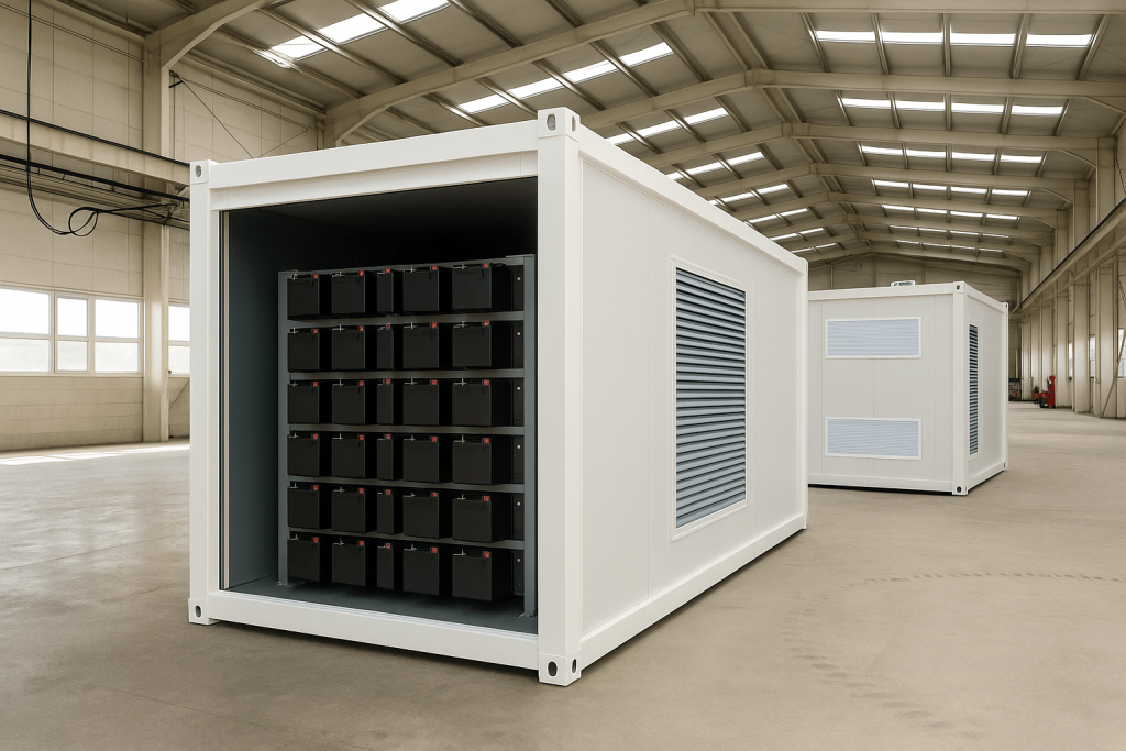 Container alb deschis cu rafturi de module de baterii negre, într-o hală industrială