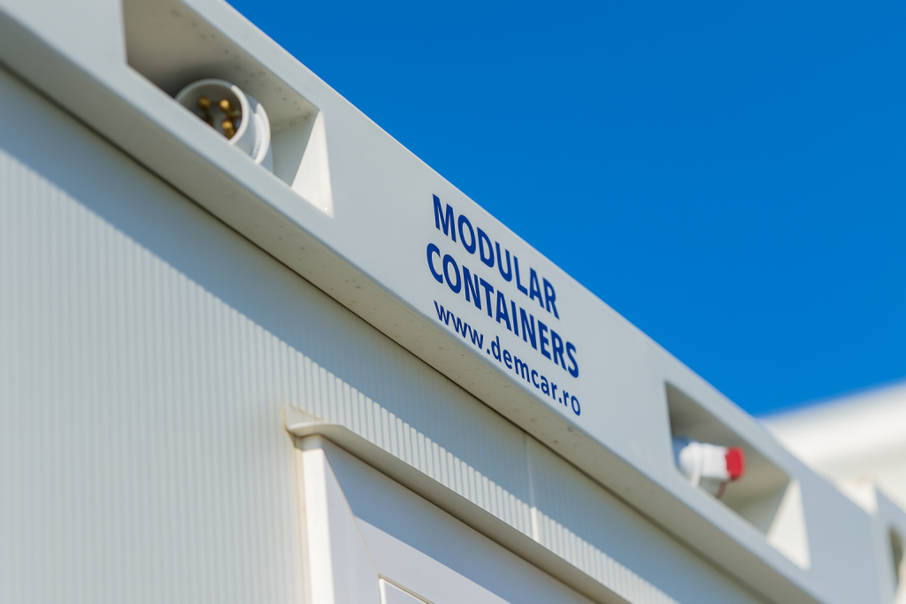 Colțul superior al unui container modular alb cu inscripția Modular Containers DEMCAR